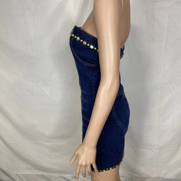 NEW AREA Women's Strapless Crystal Embellished Denim Mini Dress – Size 4 – Blue - Picture 7 of 13